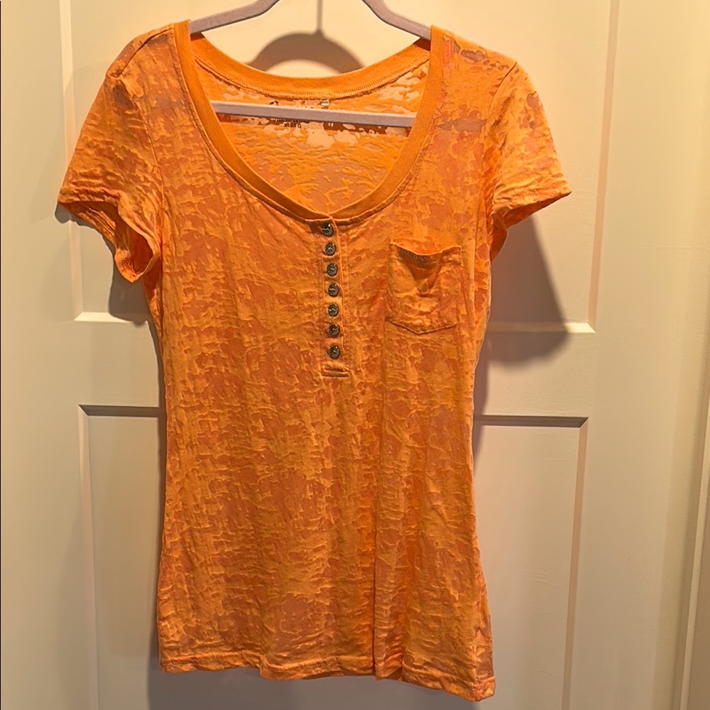 Guess Orange half button down Women’s illusion t-shirt. Size XL